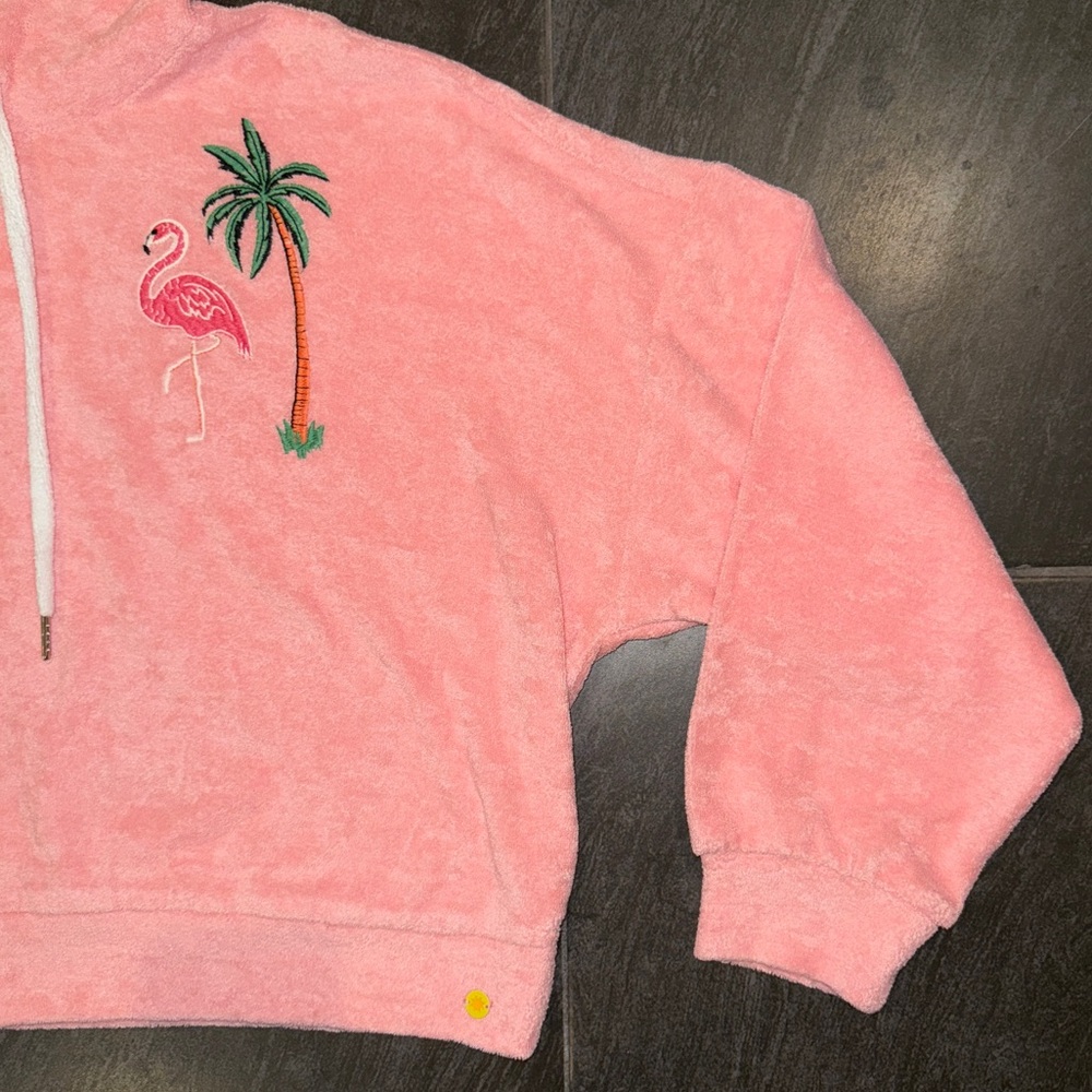 Celandine Pink Hooded Terry Crop Sweatshirt with Flamingo Embroidery - Picture 6 of 15